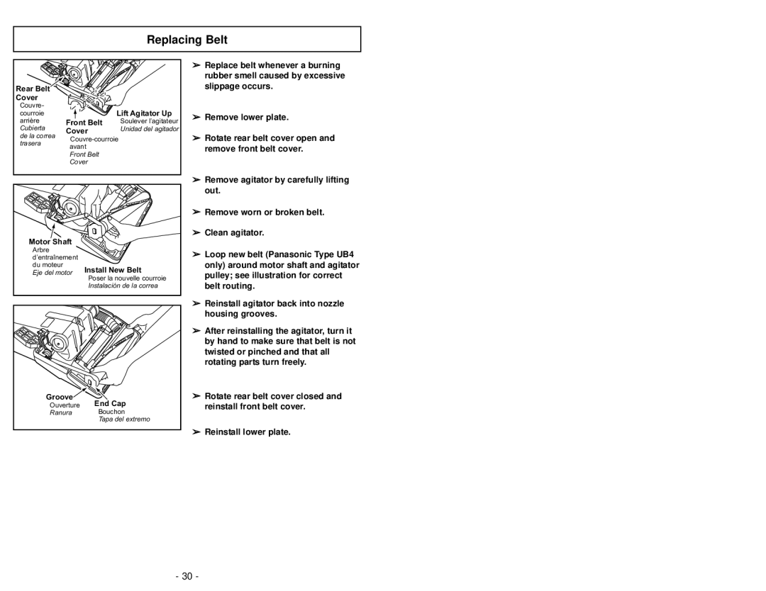 Panasonic MC-V6603 operating instructions Replacing Belt 