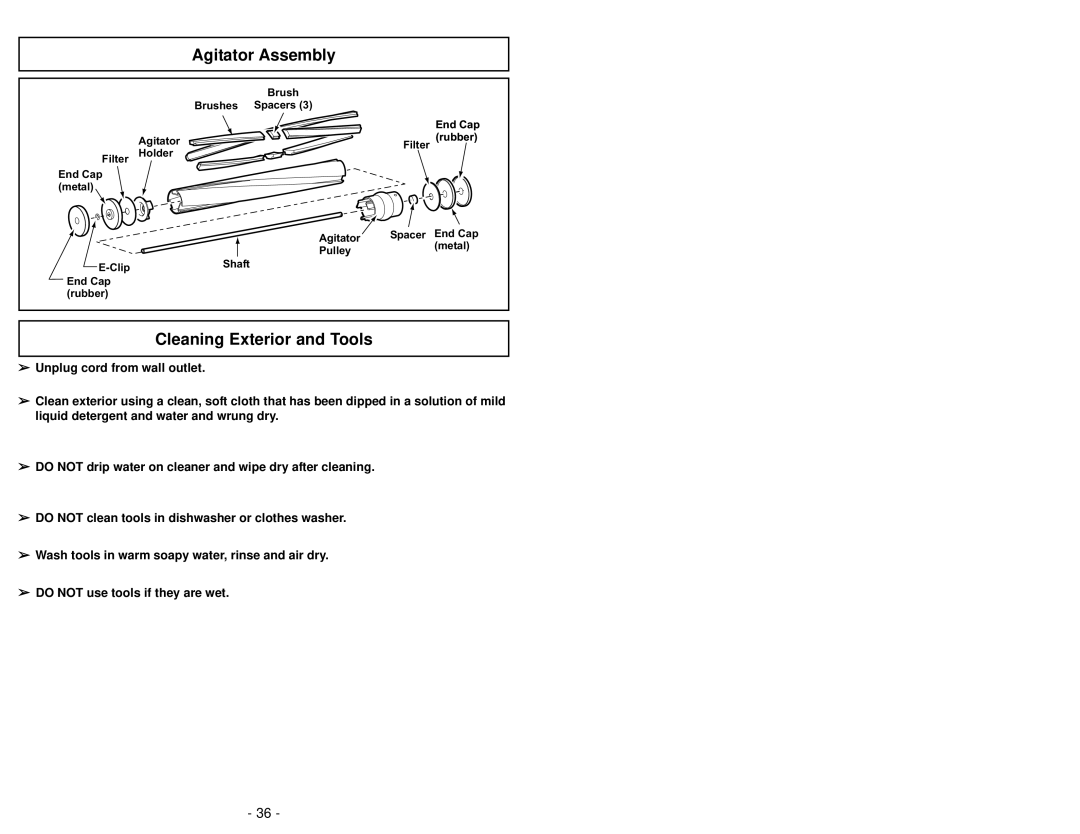 Panasonic MC-V6603 operating instructions Agitator Assembly, Cleaning Exterior and Tools 