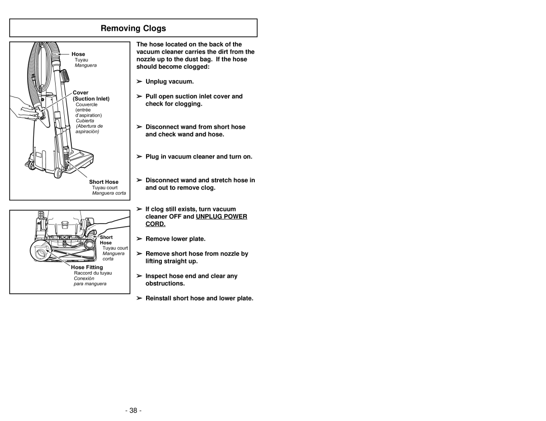 Panasonic MC-V6603 operating instructions Removing Clogs 