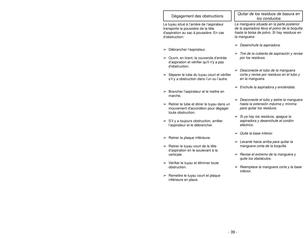 Panasonic MC-V6603 operating instructions Quitar de los residuos de basura en Los conductos 