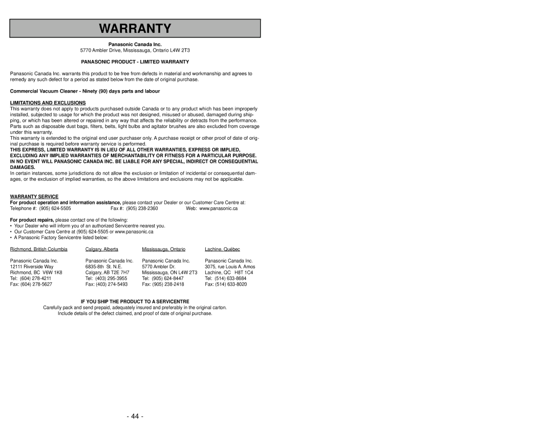 Panasonic MC-V6603 operating instructions Panasonic Product Limited Warranty 