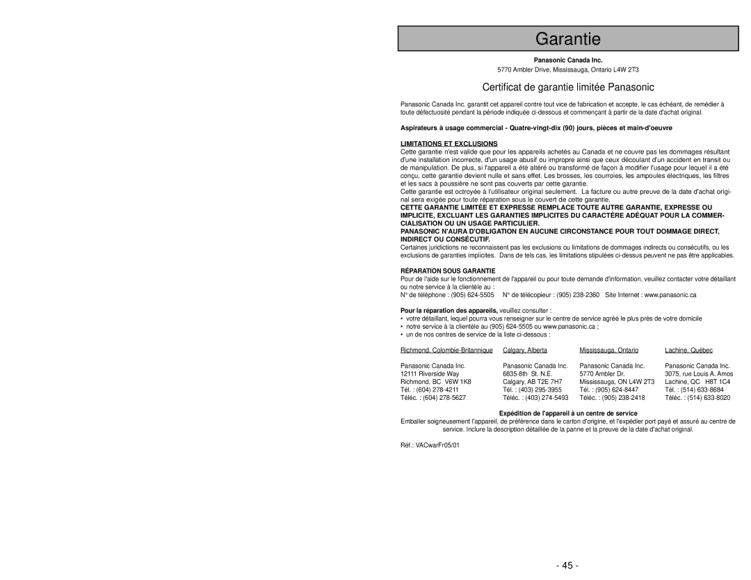 Panasonic MC-V6603 operating instructions Garantie 