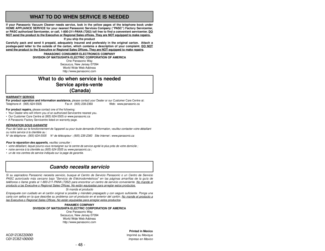 Panasonic MC-V6603 operating instructions Cuando necesita servicio 