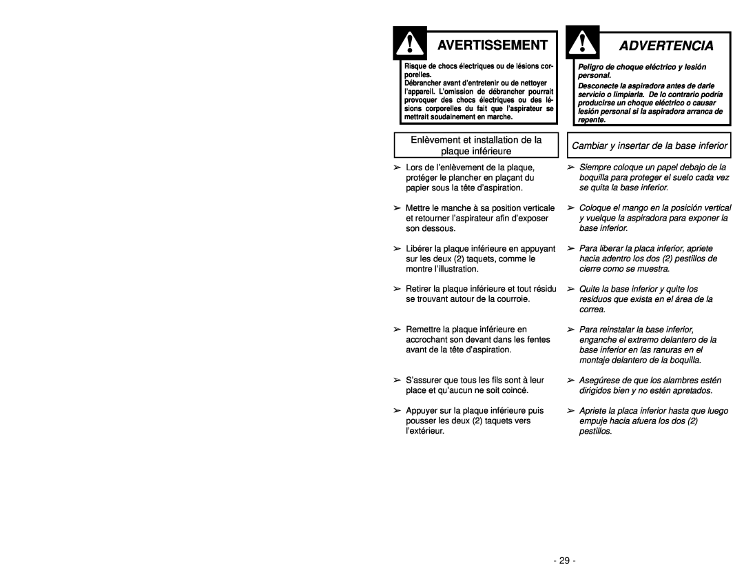 Panasonic MC-V6603 operating instructions Avertissement, Cambiar y insertar de la base inferior, Advertencia 