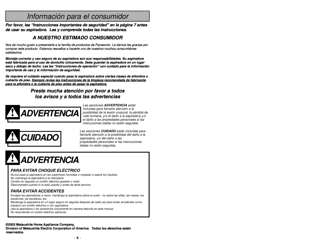 Panasonic MC-V6603 Cuidado, Advertencia, Información para el consumidor, A Nuestro Estimado Consumidor 