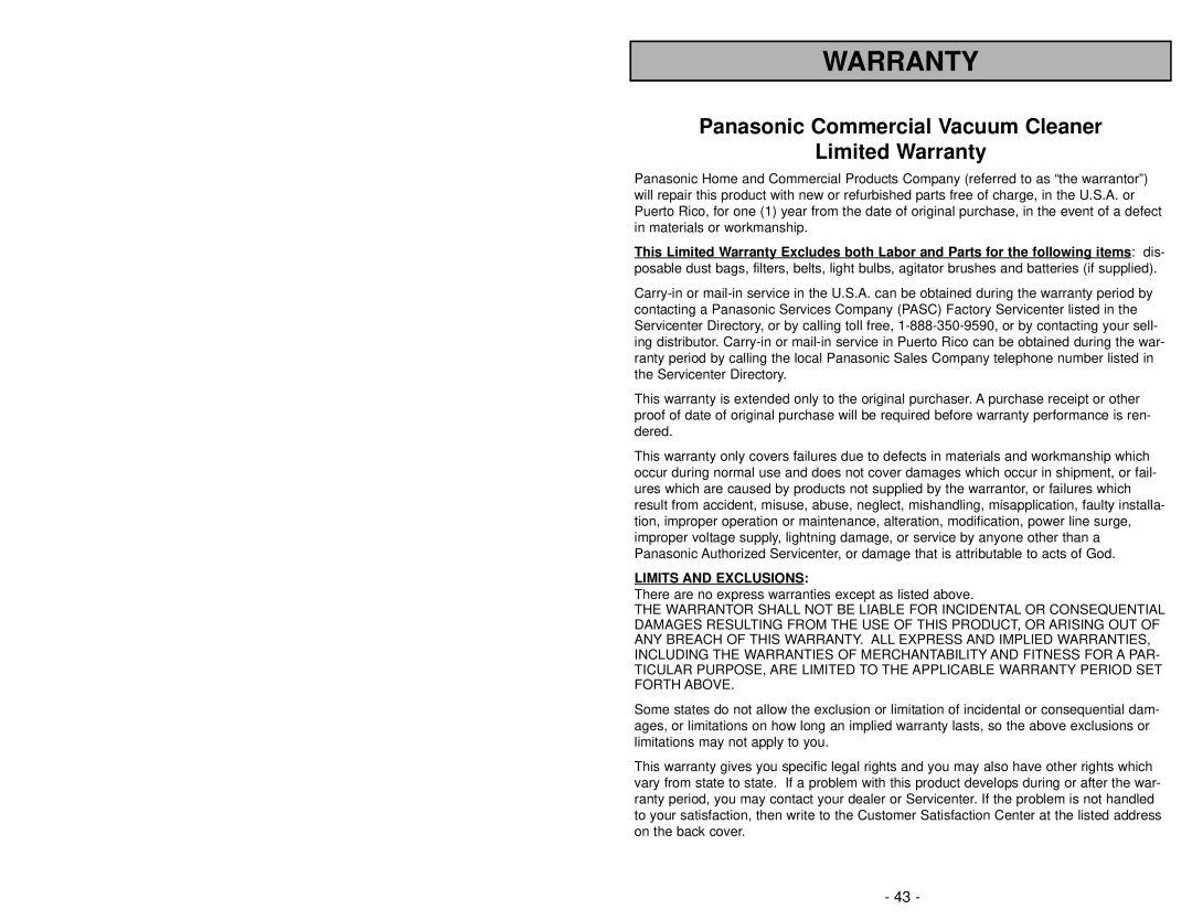 Panasonic MC-V6603 operating instructions Panasonic Commercial Vacuum Cleaner, Limited Warranty 
