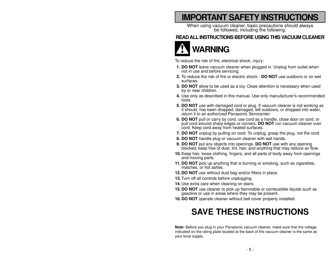 Panasonic MC-V6603 Save These Instructions, Important Safety Instructions, be followed, including the following 