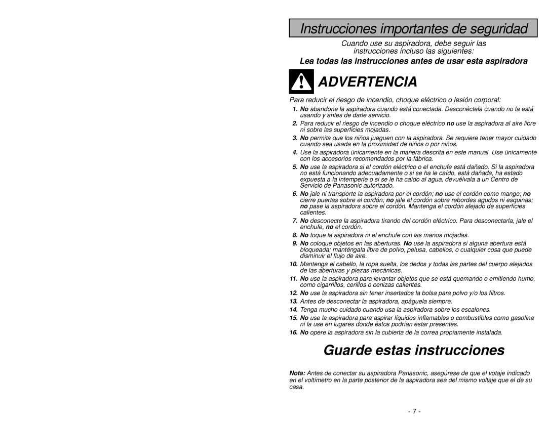 Panasonic MC-V6603 operating instructions Instrucciones importantes de seguridad, Advertencia, Guarde estas instrucciones 