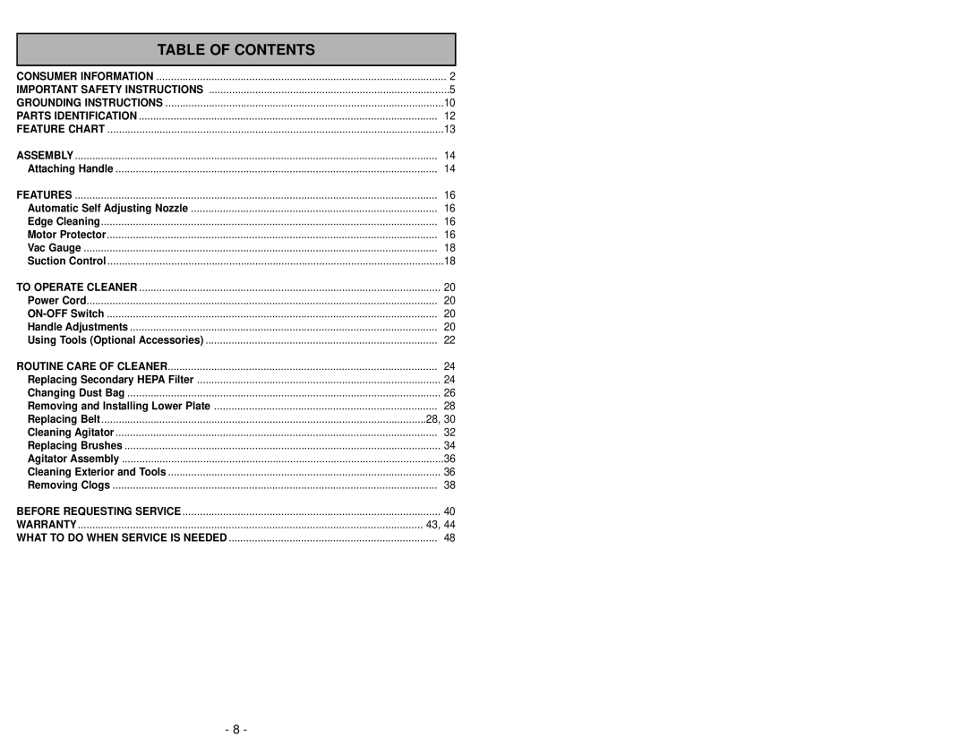 Panasonic MC-V6603 operating instructions Table Of Contents 