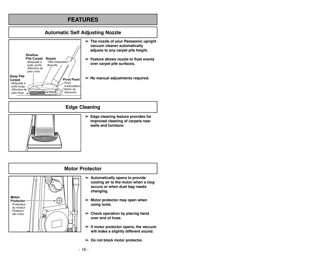 Panasonic MC-V7314 manuel dutilisation Automatic Self Adjusting Nozzle, Edge Cleaning, Motor Protector 