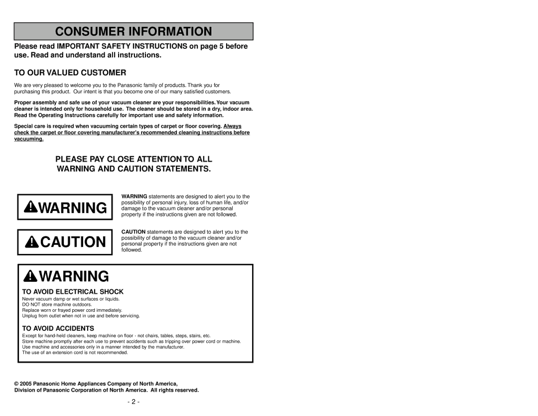 Panasonic MC-V7314 manuel dutilisation Consumer Information 