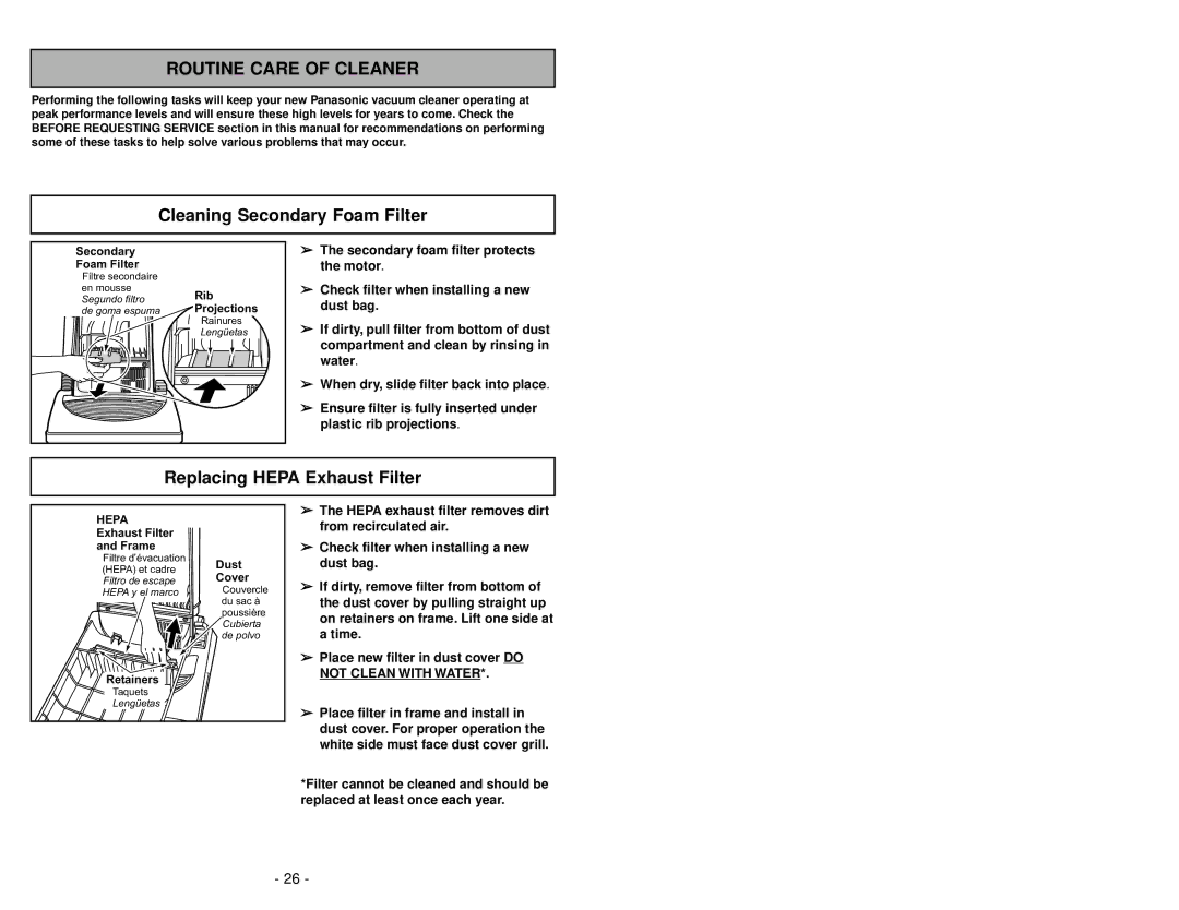 Panasonic MC-V7314 manuel dutilisation Cleaning Secondary Foam Filter, Replacing Hepa Exhaust Filter 