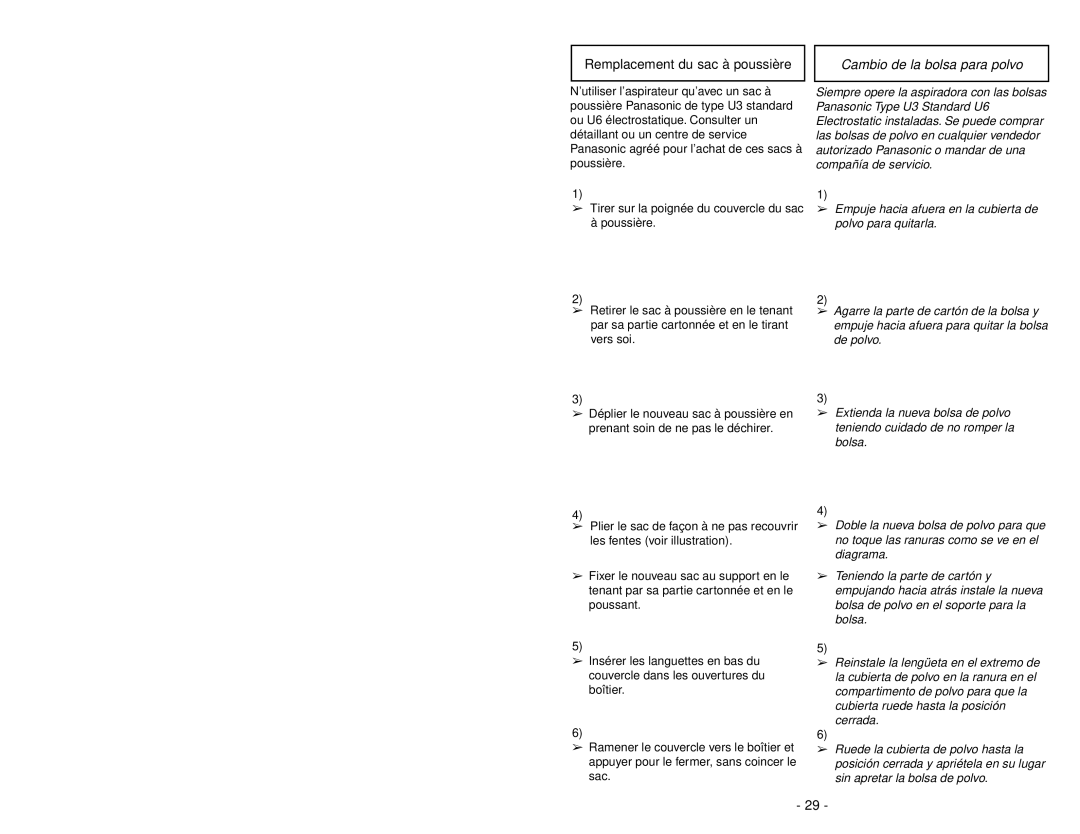 Panasonic MC-V7314 manuel dutilisation Remplacement du sac à poussière, Cambio de la bolsa para polvo 