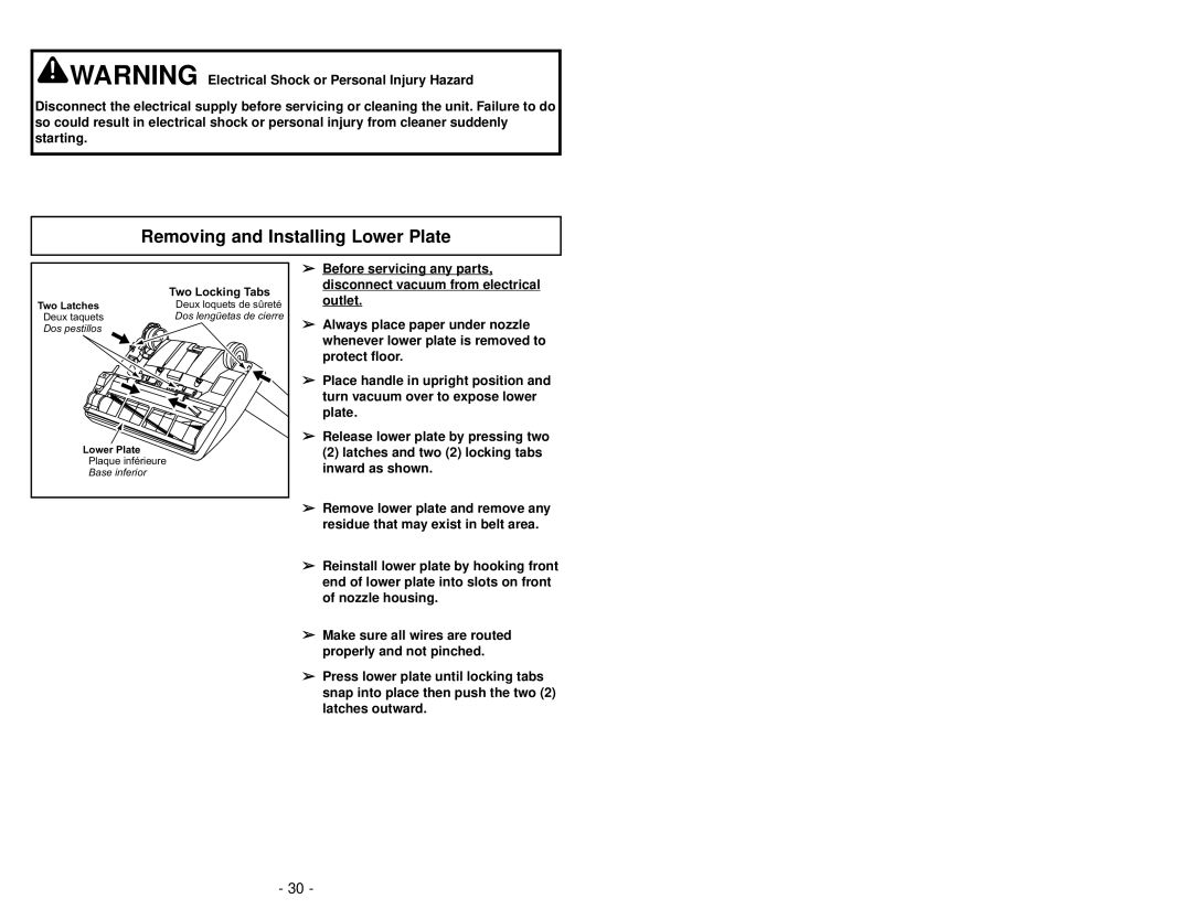 Panasonic MC-V7314 manuel dutilisation Removing and Installing Lower Plate, Two Locking Tabs 