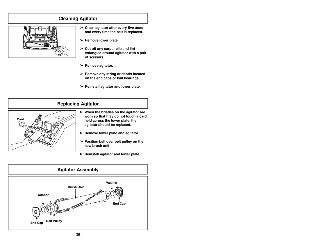 Panasonic MC-V7314 manuel dutilisation Cleaning Agitator, Replacing Agitator, Agitator Assembly 