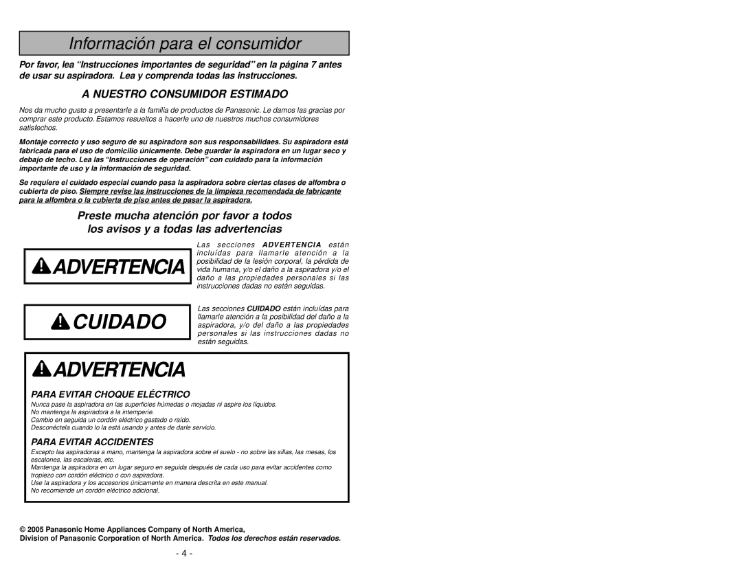 Panasonic MC-V7314 manuel dutilisation Advertencia Cuidado 