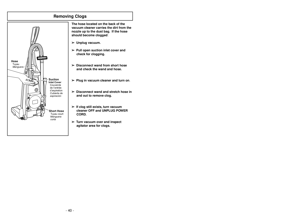 Panasonic MC-V7314 manuel dutilisation Removing Clogs 