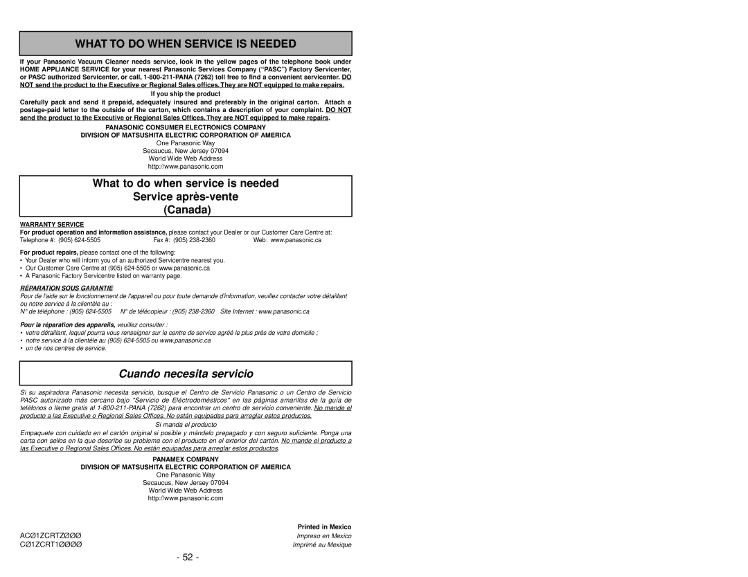 Panasonic MC-V7314 manuel dutilisation Cuando necesita servicio 