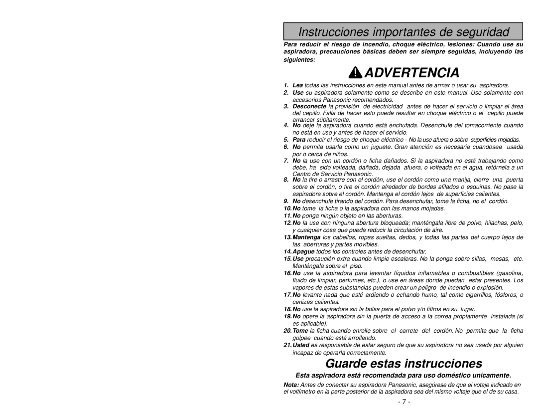 Panasonic MC-V7314 manuel dutilisation Advertencia 