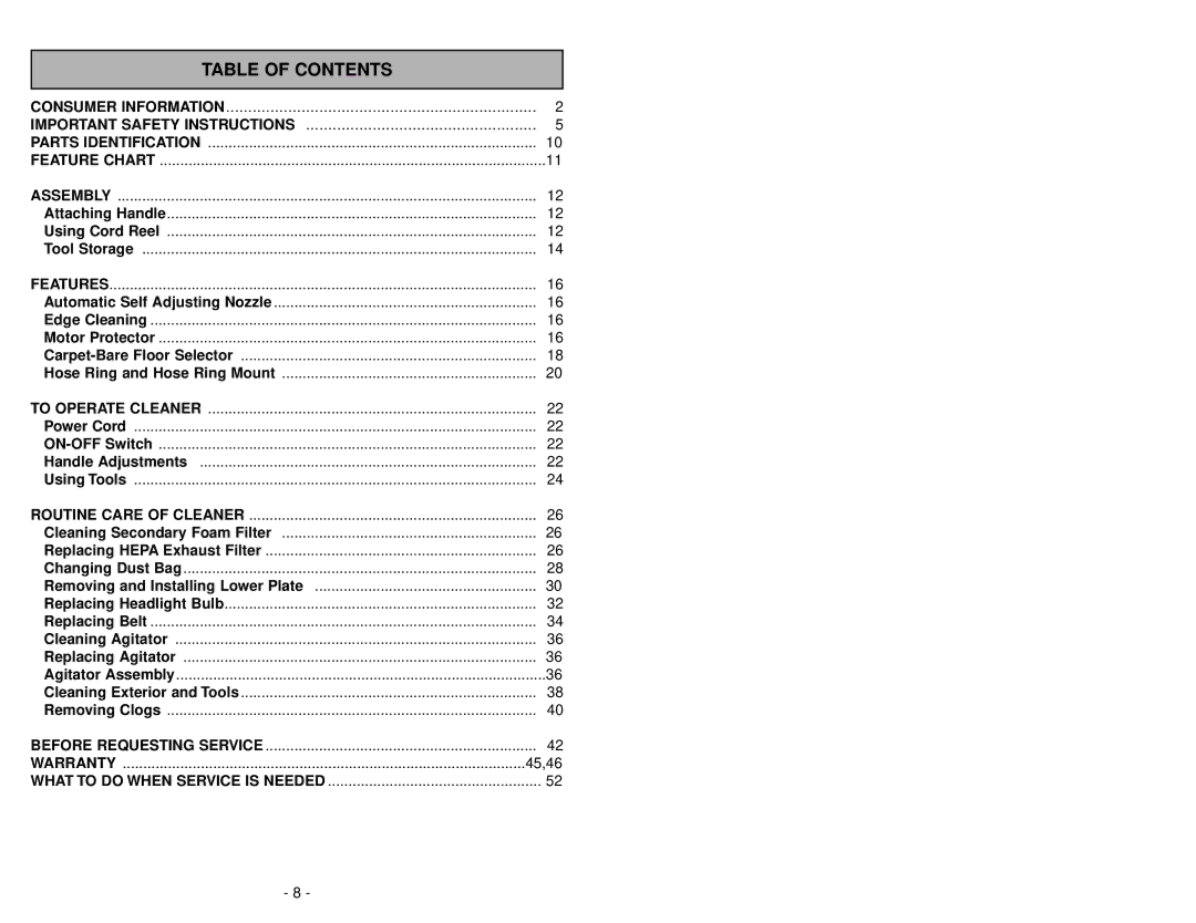 Panasonic MC-V7314 manuel dutilisation Table of Contents 