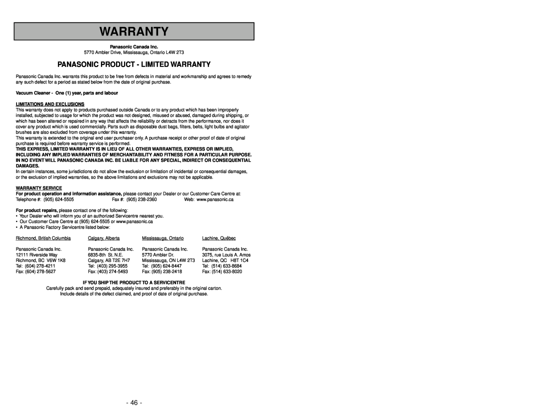 Panasonic MC-V7314 Panasonic Product - Limited Warranty, Panasonic Canada Inc, Limitations And Exclusions 