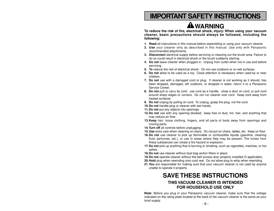 Panasonic MC-V7314 Important Safety Instructions, Save These Instructions, This Vacuum Cleaner Is Intended 