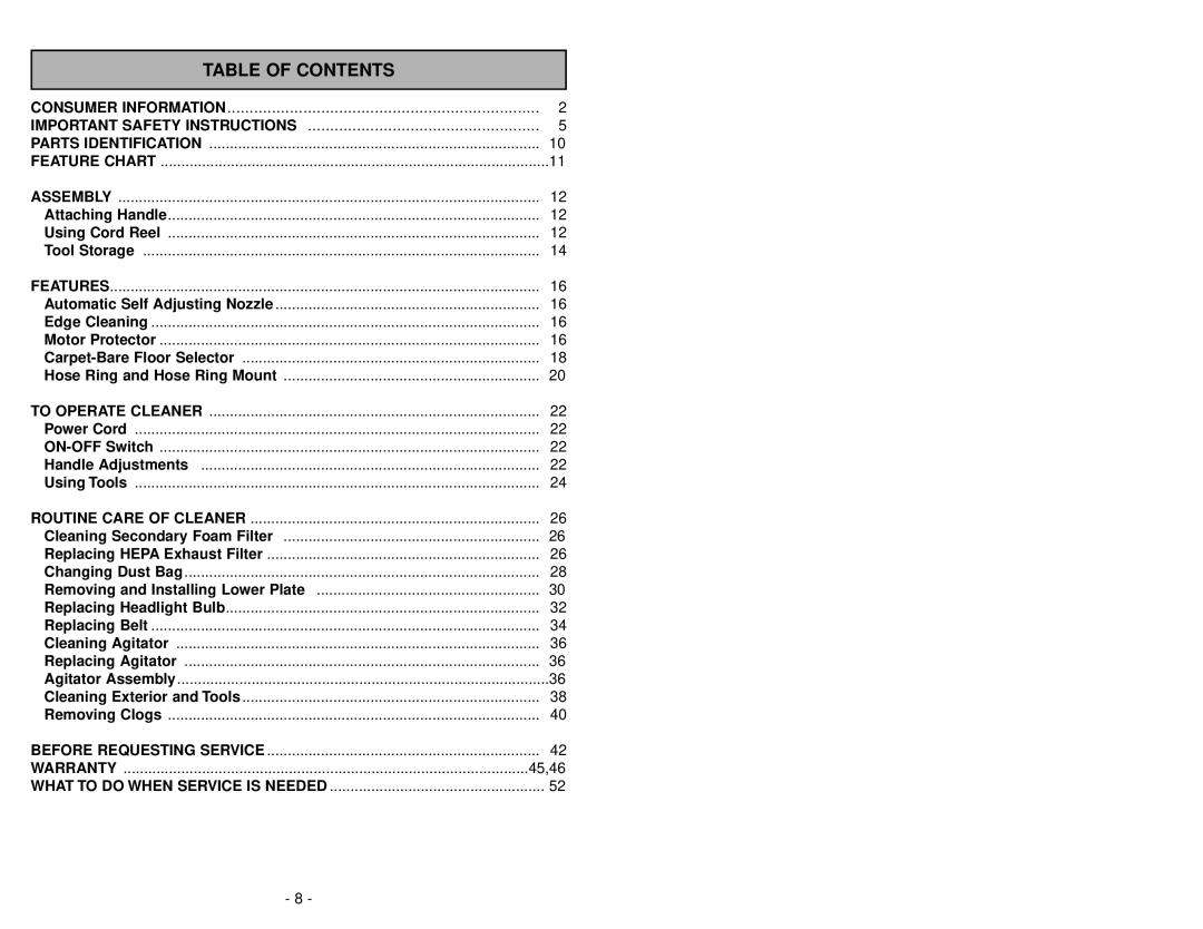 Panasonic MC-V7314 manuel dutilisation Table Of Contents, 45,46 