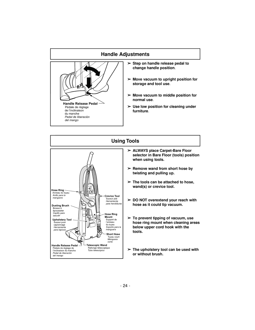 Panasonic MC-V7319 manuel dutilisation Handle Adjustments, Using Tools 