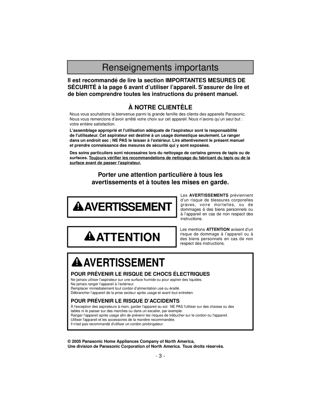 Panasonic MC-V7319 manuel dutilisation Renseignements importants, Notre Clientèle 