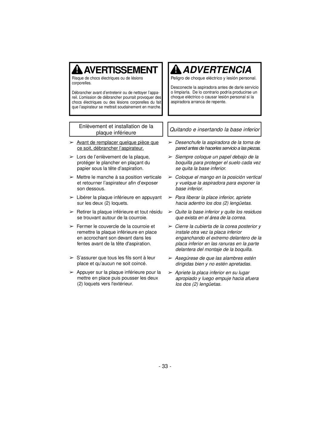 Panasonic MC-V7319 manuel dutilisation Avertissement, Quitando e insertando la base inferior 