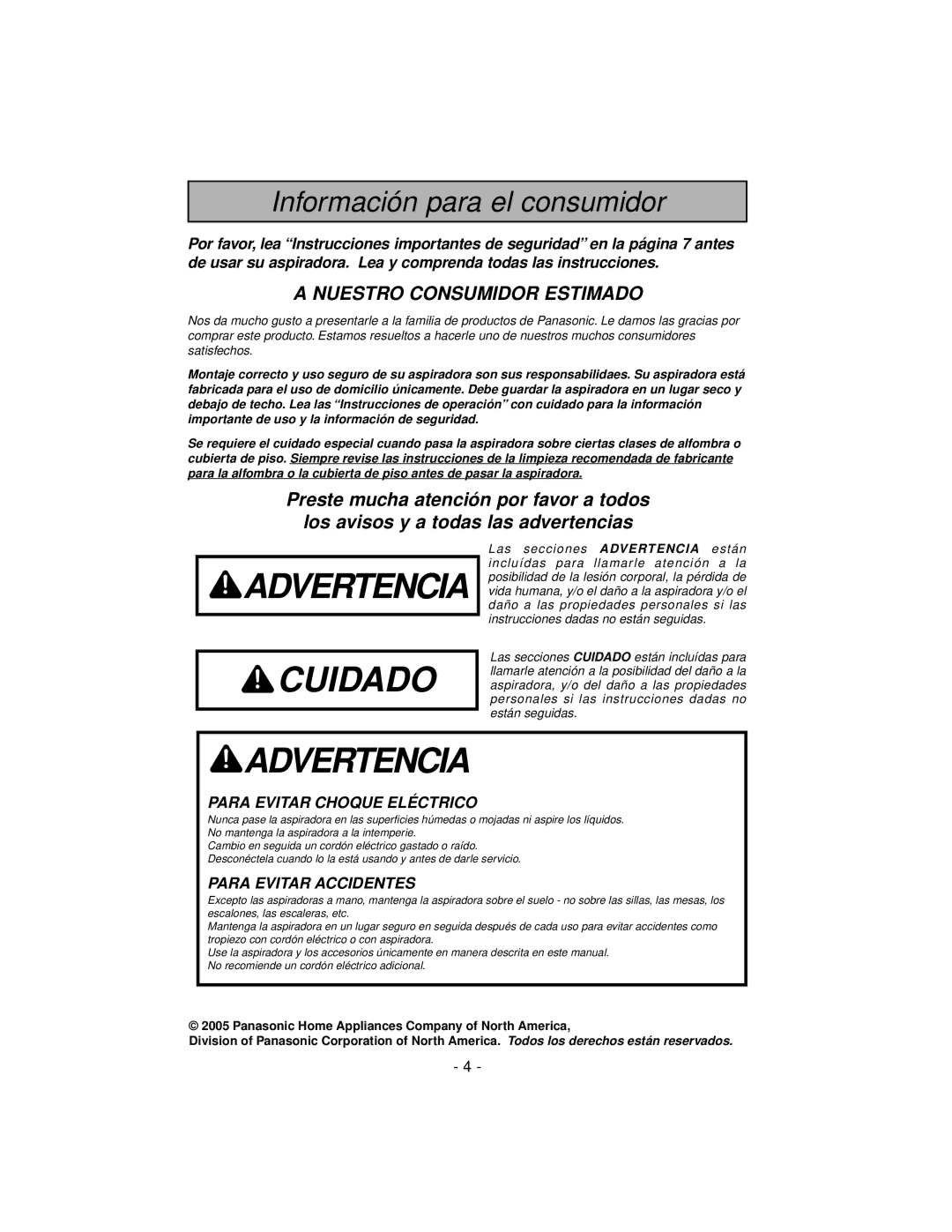 Panasonic MC-V7319 manuel dutilisation Advertencia Cuidado 