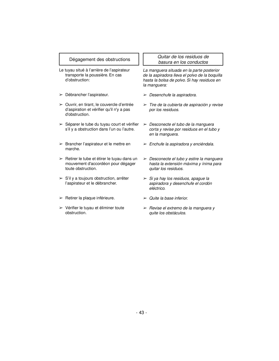 Panasonic MC-V7319 manuel dutilisation Dégagement des obstructions, Quitar de los residuos de basura en los conductos 