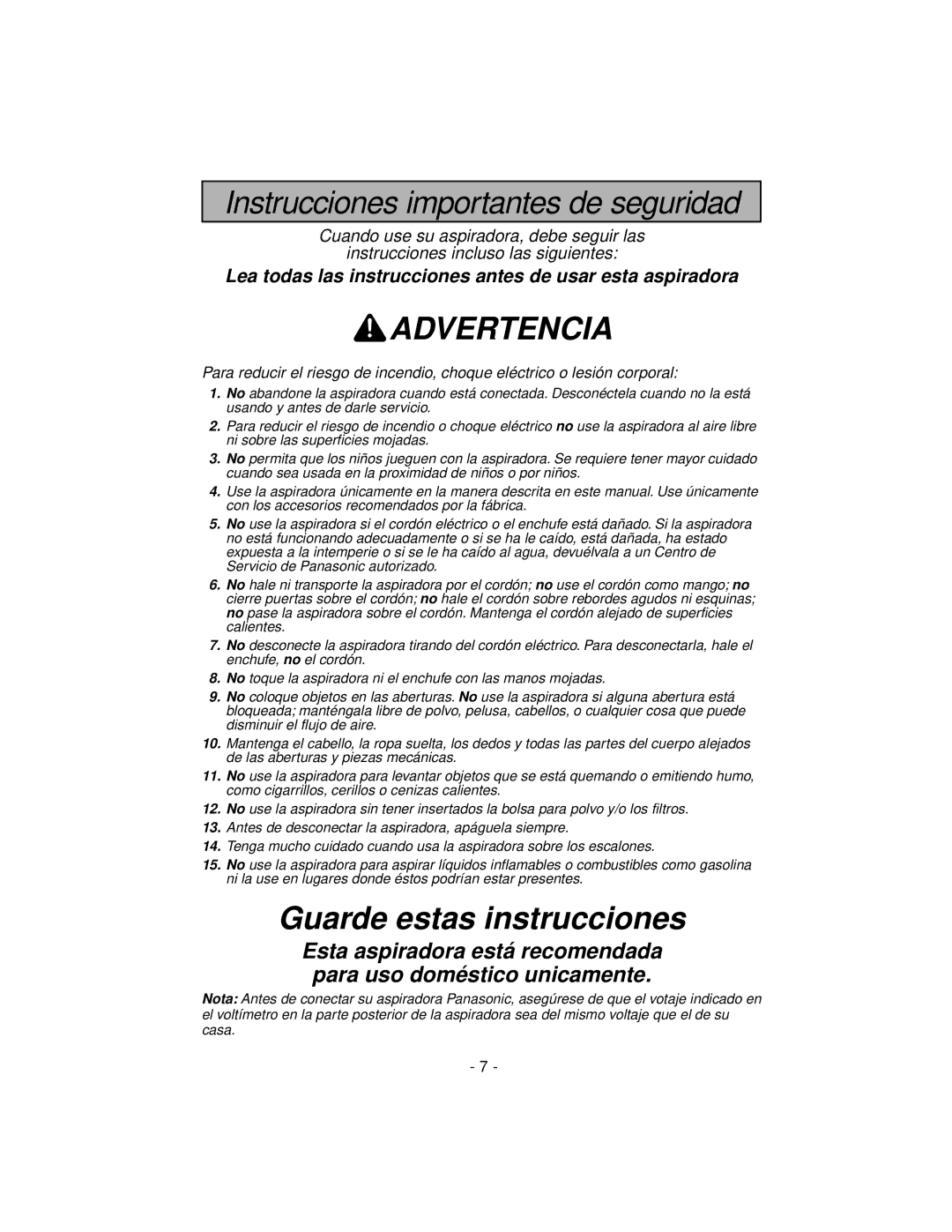 Panasonic MC-V7319 manuel dutilisation Advertencia 