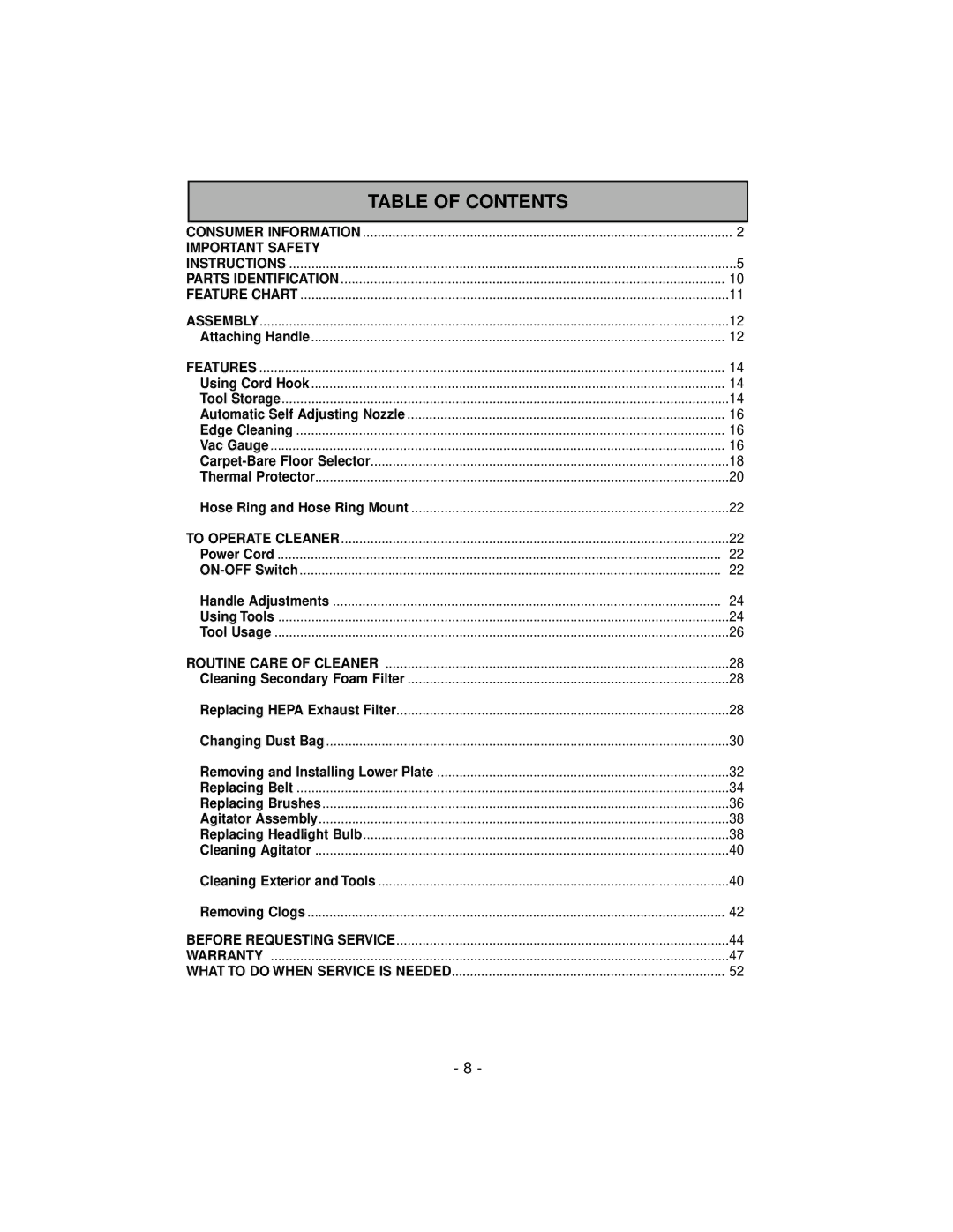 Panasonic MC-V7319 manuel dutilisation Table of Contents 