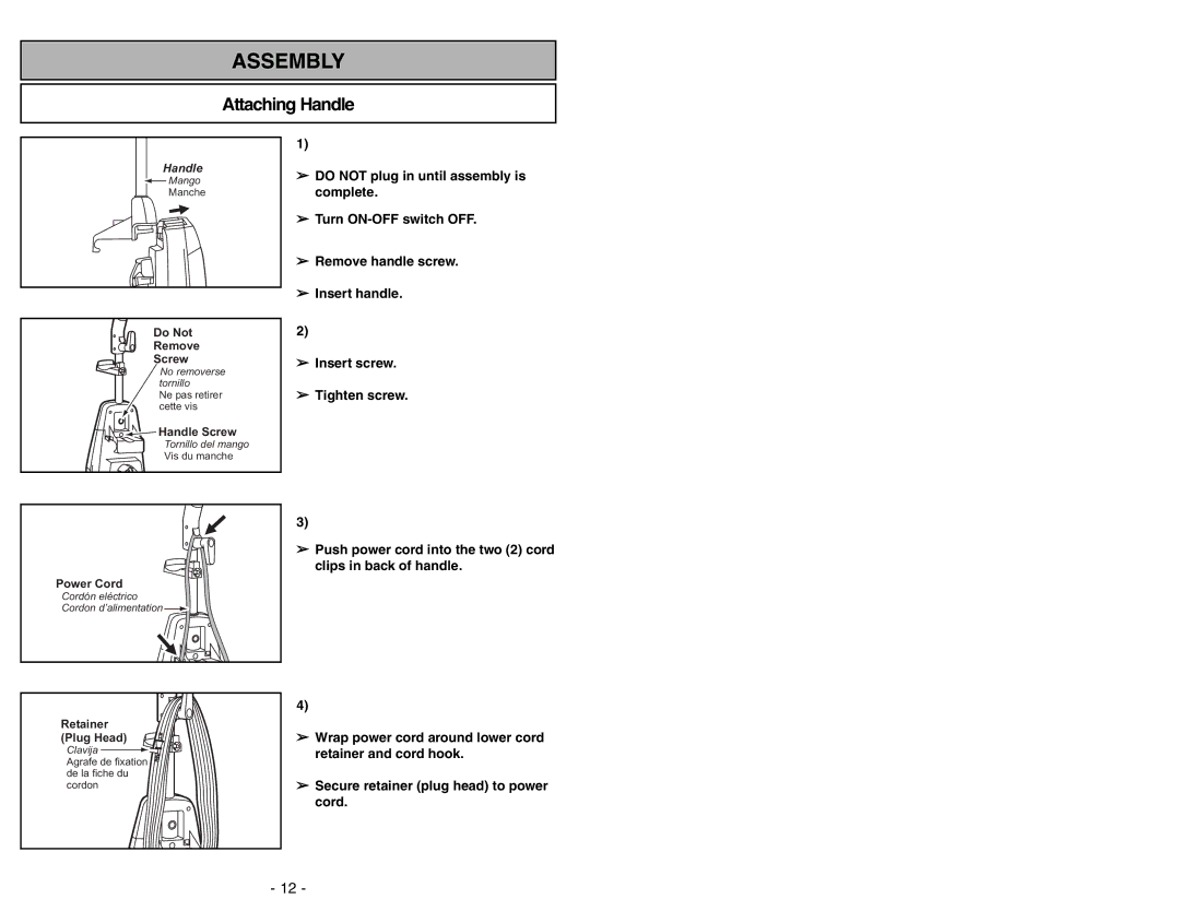 Panasonic MC-V7388 manuel dutilisation Assembly, Attaching Handle 