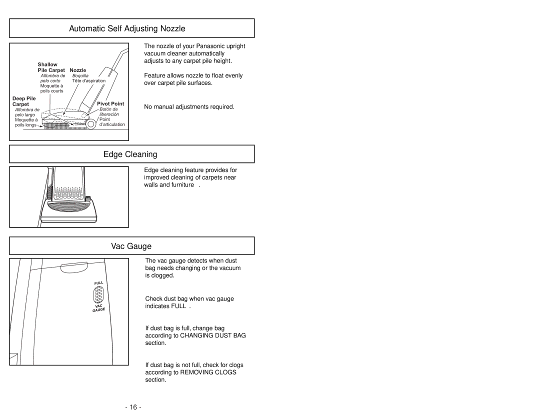 Panasonic MC-V7388 manuel dutilisation Automatic Self Adjusting Nozzle, Edge Cleaning, Vac Gauge 