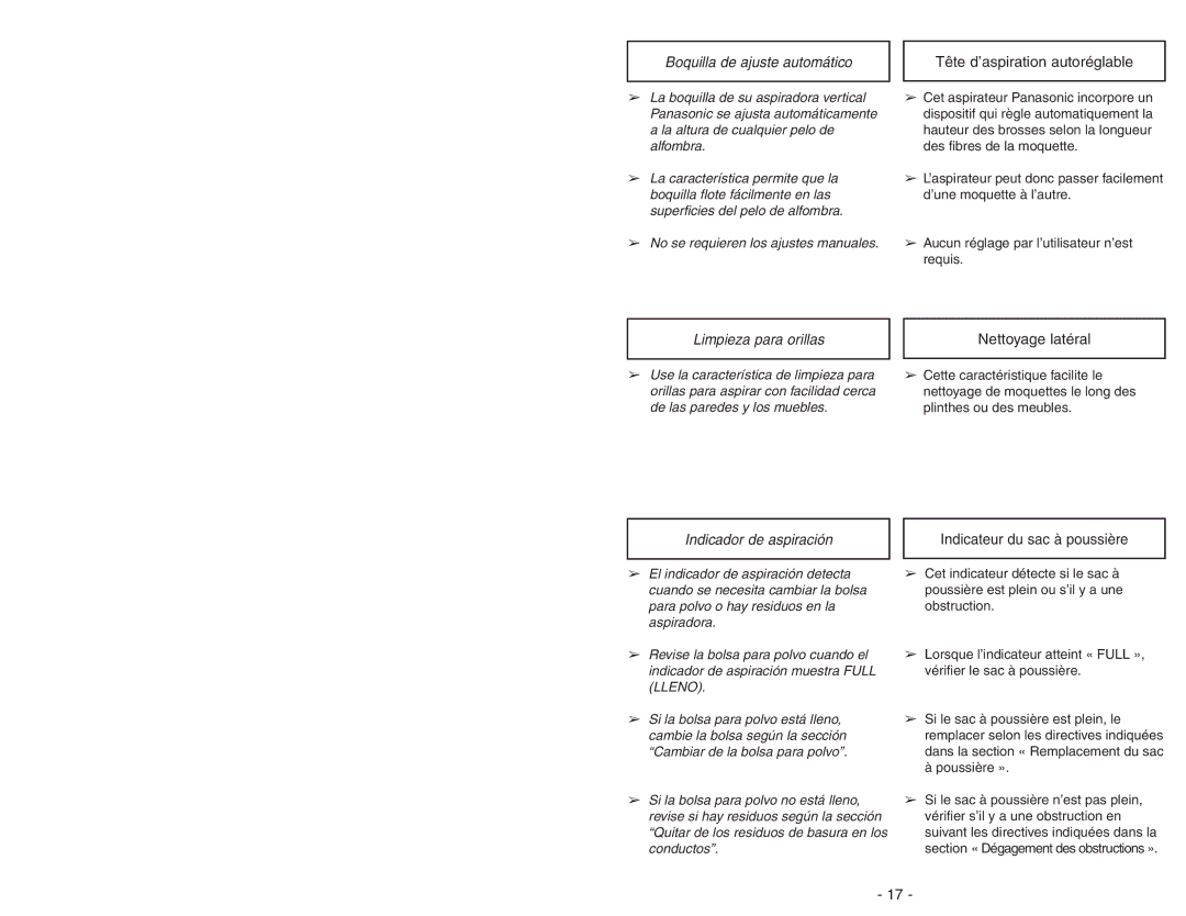 Panasonic MC-V7388 manuel dutilisation Boquilla de ajuste automático, Limpieza para orillas, Indicador de aspiración 