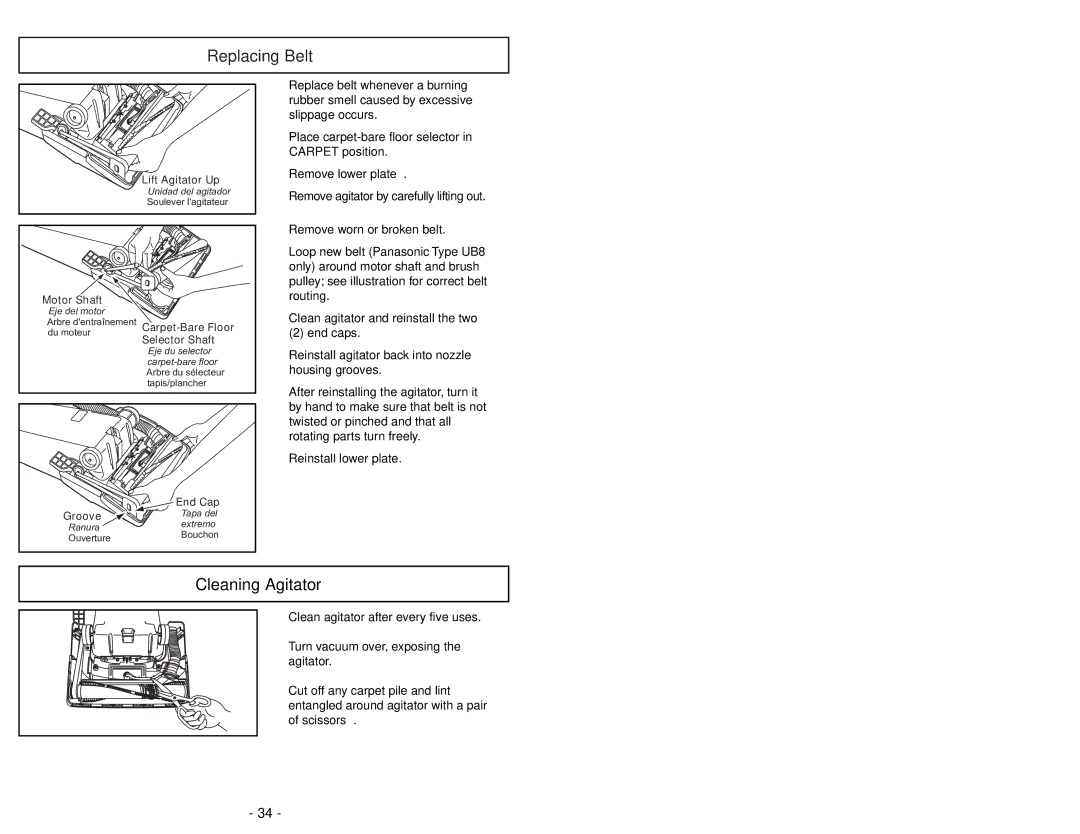 Panasonic MC-V7388 manuel dutilisation Replacing Belt, Cleaning Agitator 