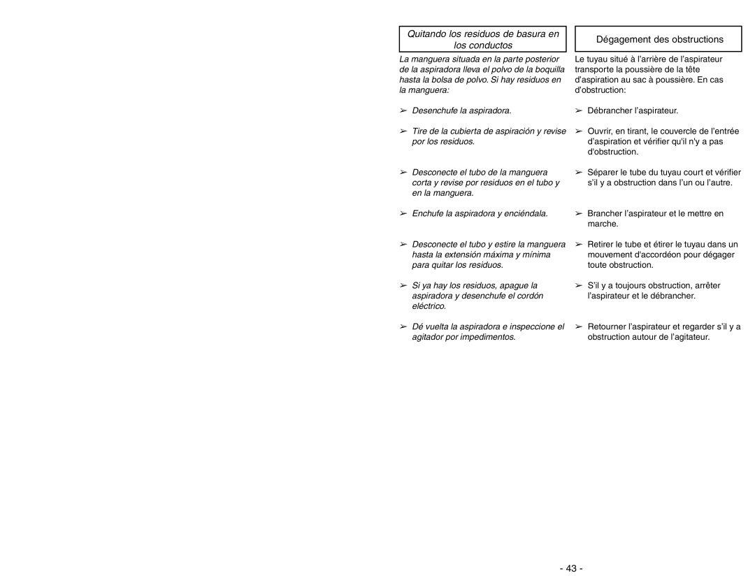 Panasonic MC-V7388 manuel dutilisation Quitando los residuos de basura en Los conductos, Dégagement des obstructions 