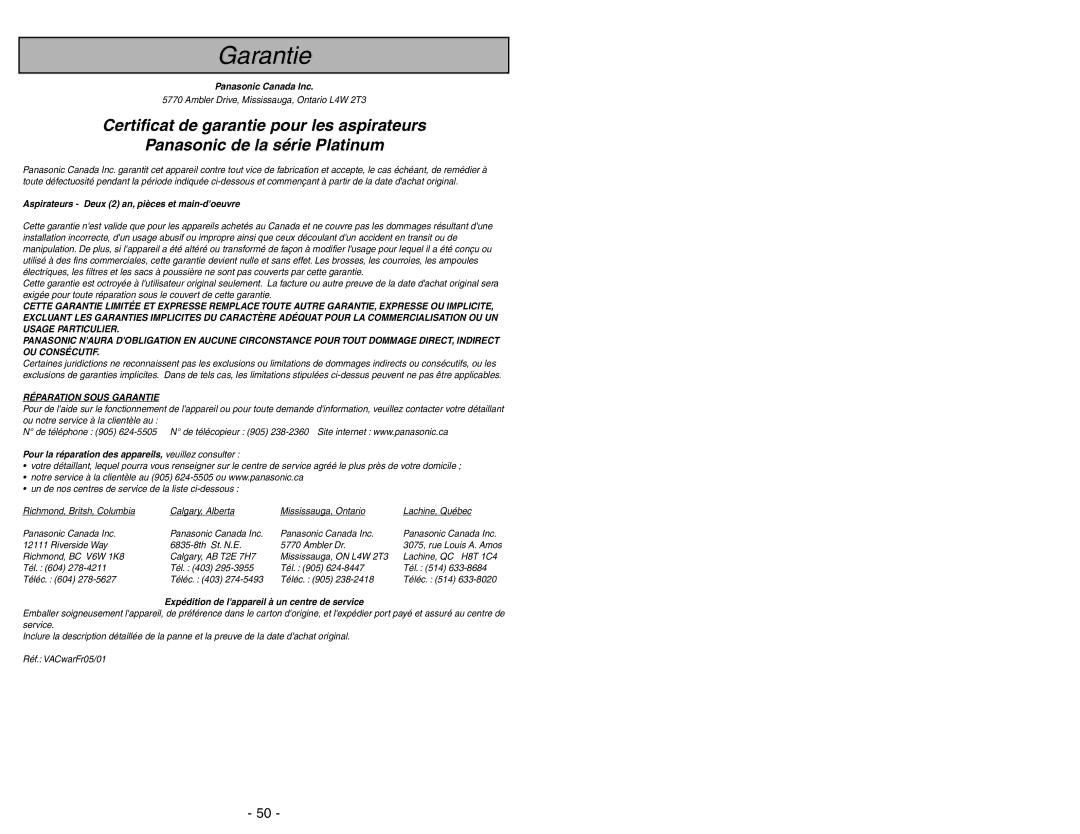 Panasonic MC-V7388 manuel dutilisation Garantie, Aspirateurs Deux 2 an, pièces et main-doeuvre 