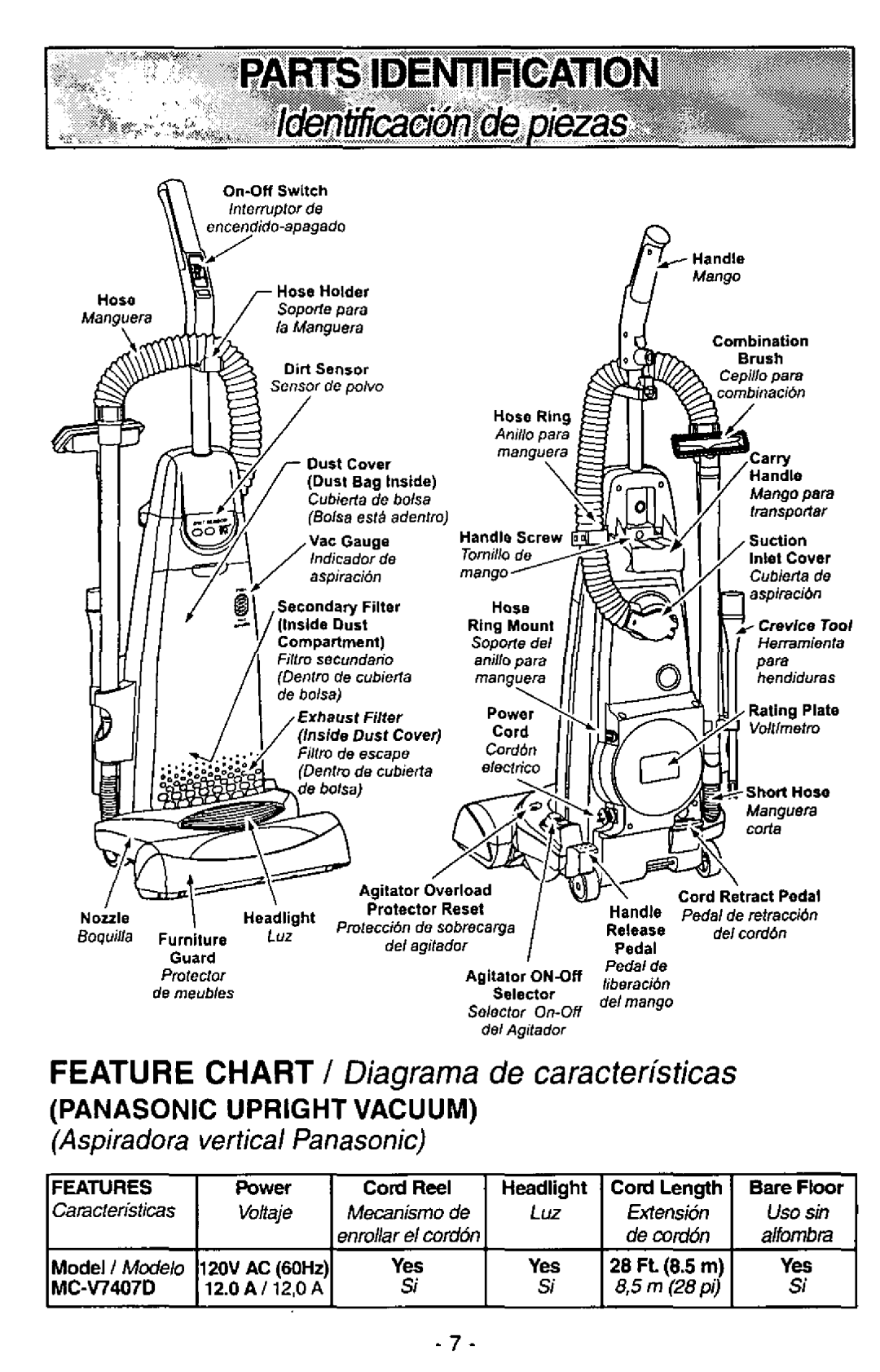 Panasonic MC-V7407D manual 