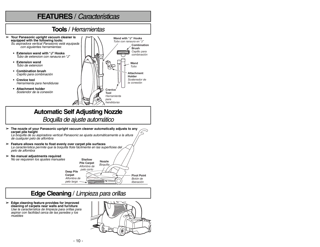 Panasonic MC-V7531 manual Features / Características, Automatic Self Adjusting Nozzle, Tools / Herramientas 