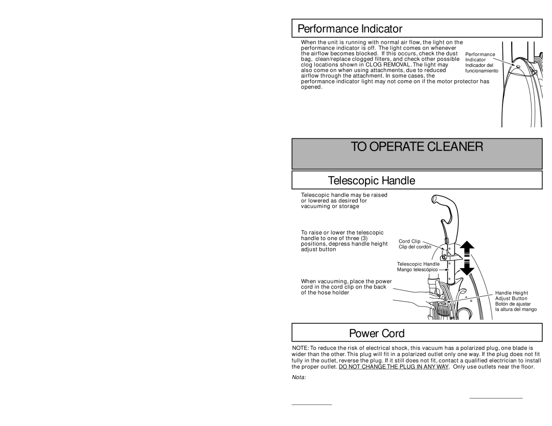 Panasonic MC-V7531 manual To Operate Cleaner, Para operar la aspiradora, Telescopic Handle / Mango telescópico 