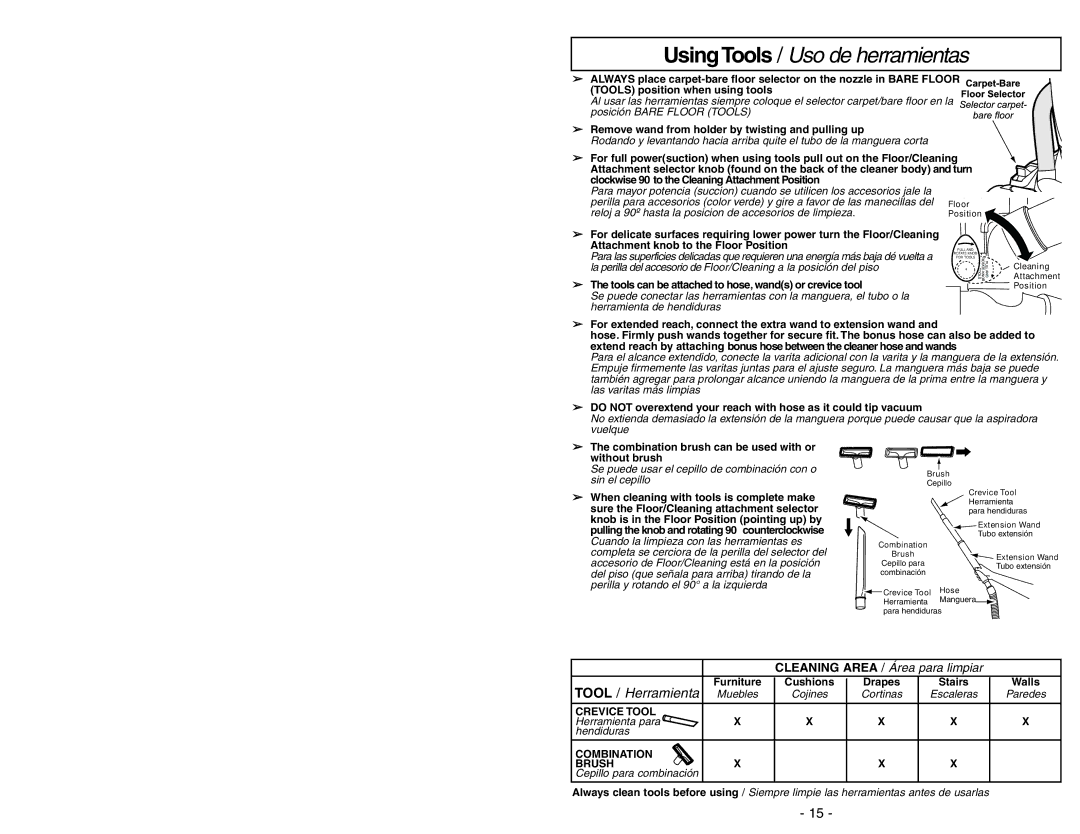 Panasonic MC-V7531 Using Tools / Uso de herramientas, Attachment knob to the Floor Position, Herramienta para, Hendiduras 