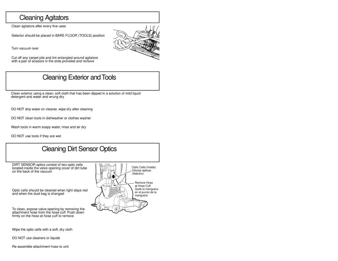 Panasonic MC-V7531 Cleaning Agitators / Limpiando los agitadores, Cleaning Exterior andTools, Cleaning Dirt Sensor Optics 