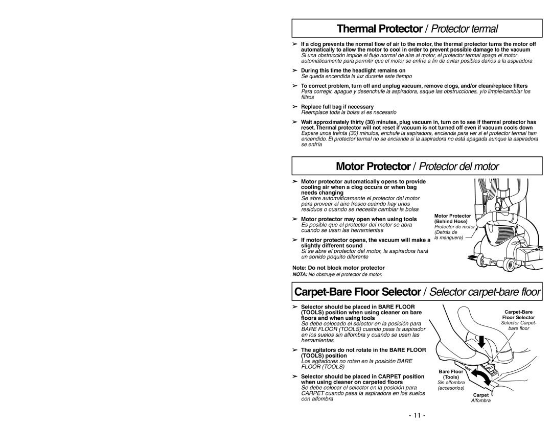 Panasonic MC-V7531 manual Thermal Protector / Protector termal, Motor Protector / Protector del motor 