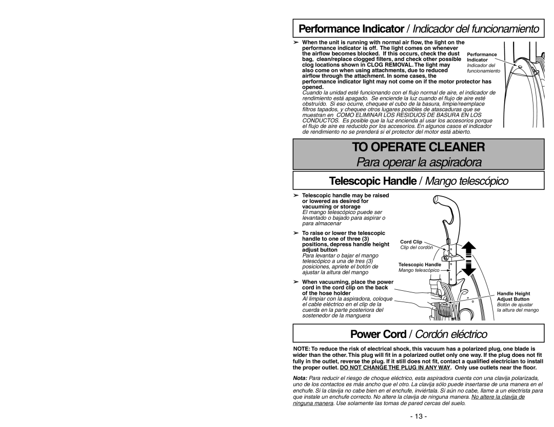 Panasonic MC-V7531 manual To Operate Cleaner, Para operar la aspiradora, Telescopic Handle / Mango telescópico 