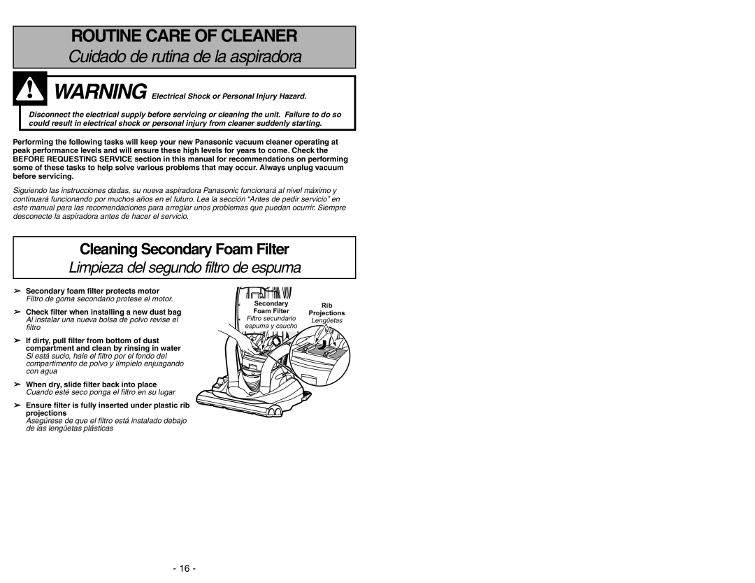 Panasonic MC-V7531 manual Routine Care Of Cleaner, Cuidado de rutina de la aspiradora, Cleaning Secondary Foam Filter 