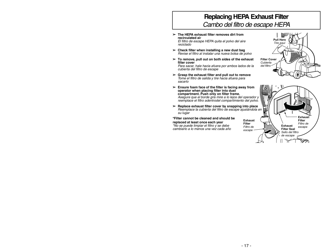 Panasonic MC-V7531 manual Replacing HEPA Exhaust Filter, Cambo del filtro de escape HEPA 