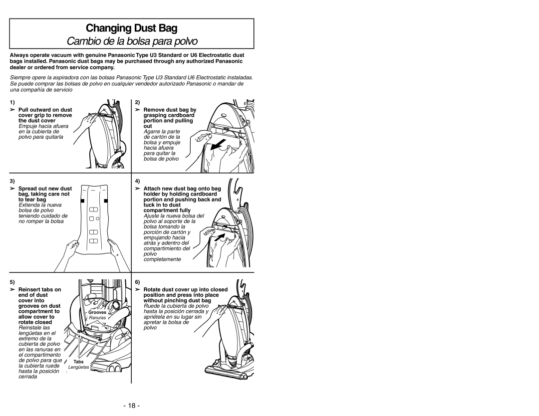 Panasonic MC-V7531 manual Changing Dust Bag, Cambio de la bolsa para polvo 